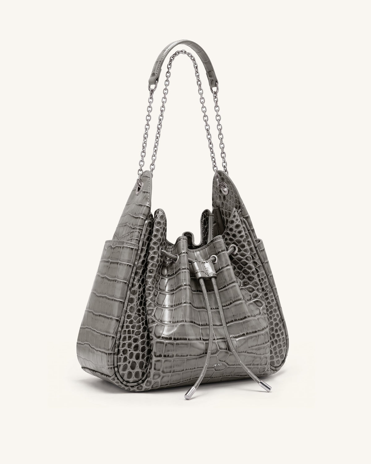 Rowan Ruched Drawstring Chain Bucket Bag - Grey Croc