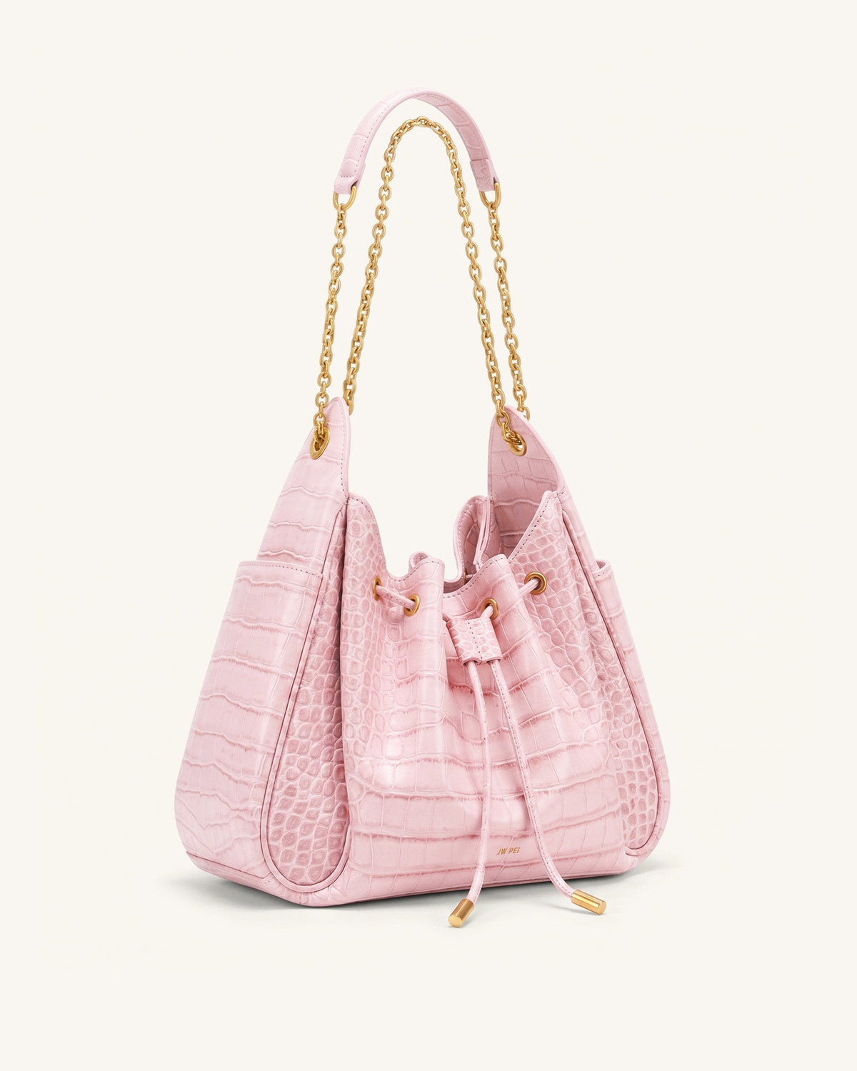 Rowan Ruched Drawstring Chain Bucket Bag - Pink Croc