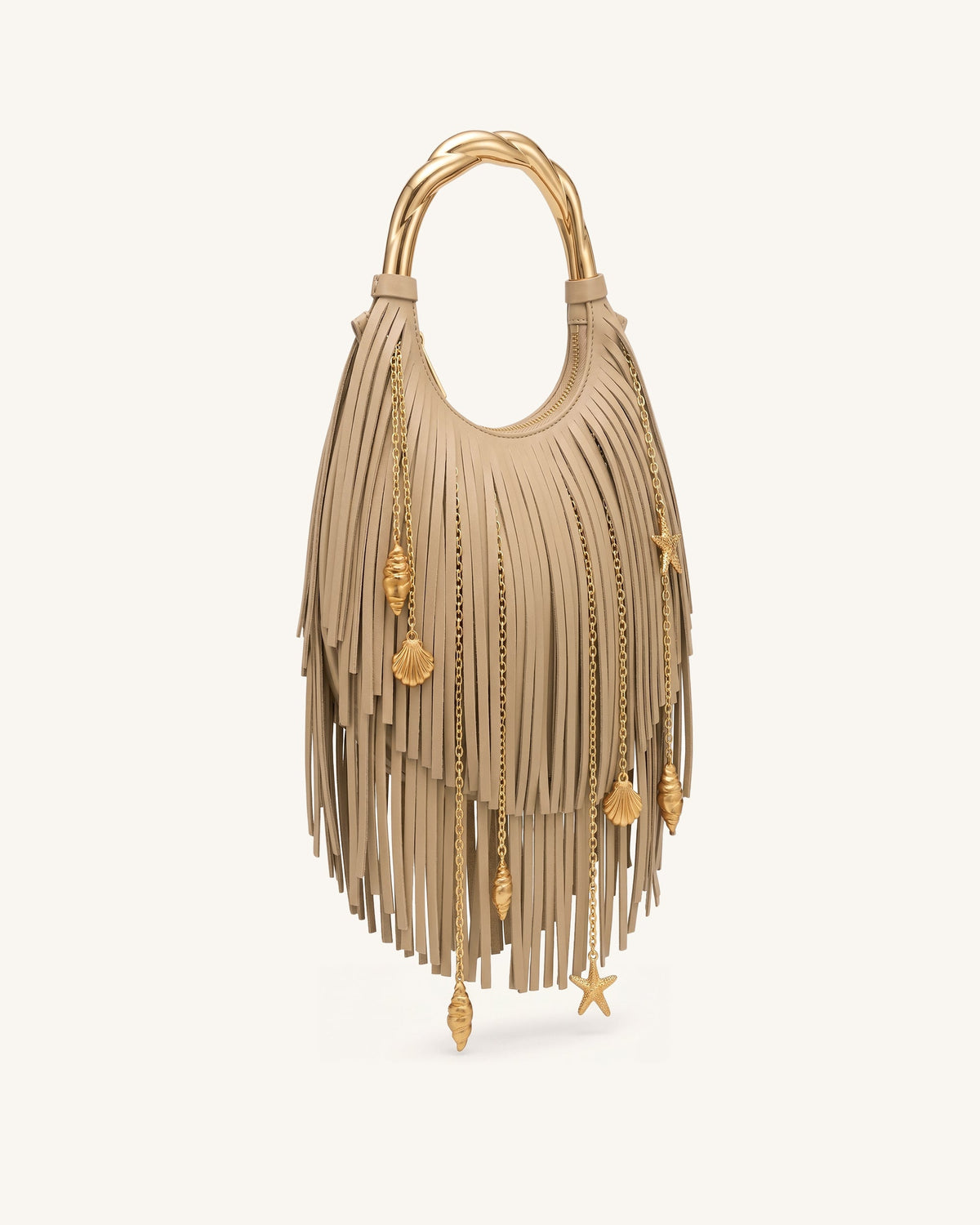 Chloe Metal Handle Fringe Top Handbag - Khaki