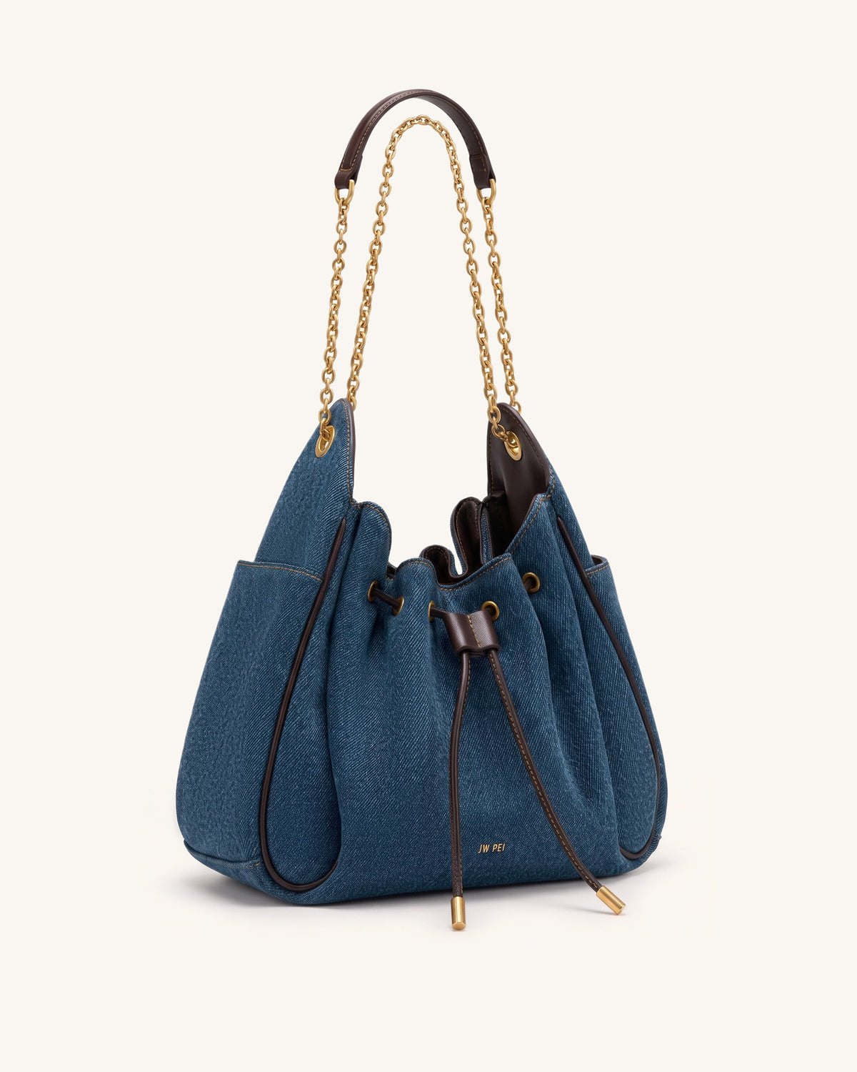 Rowan Ruched Drawstring Chain Bucket Bag - Dark Blue Denim