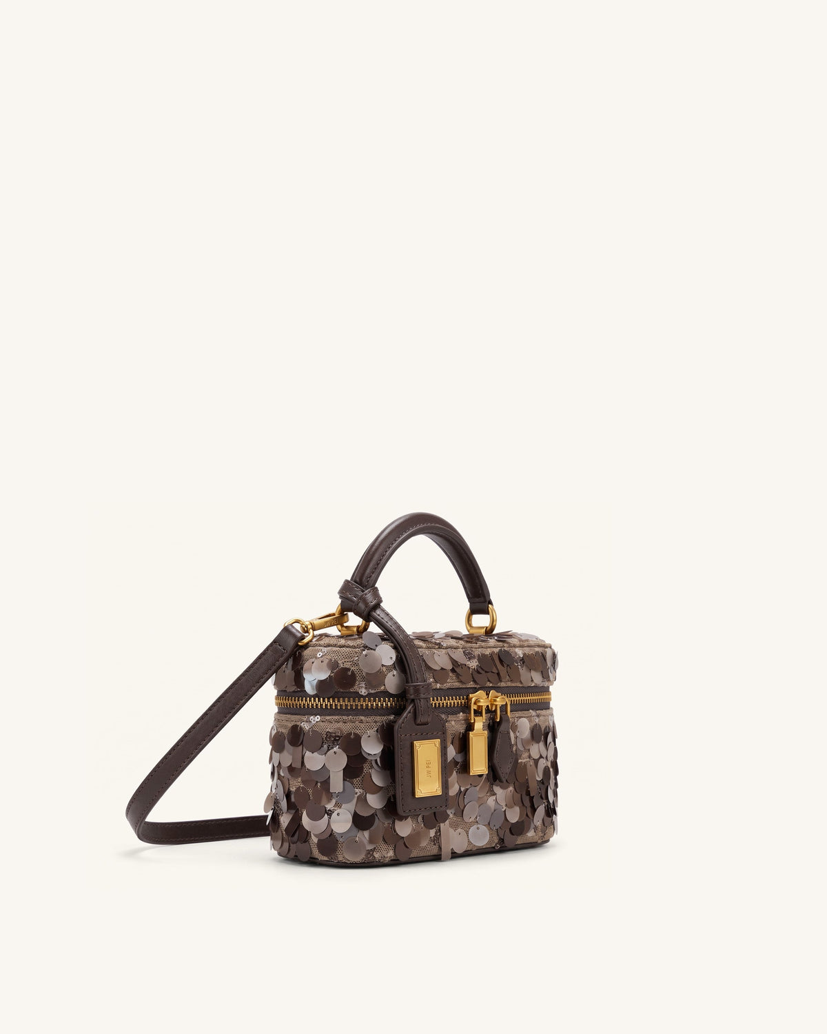 Cleo Metallic Sequin Box Shape Top Handle Bag - Brown