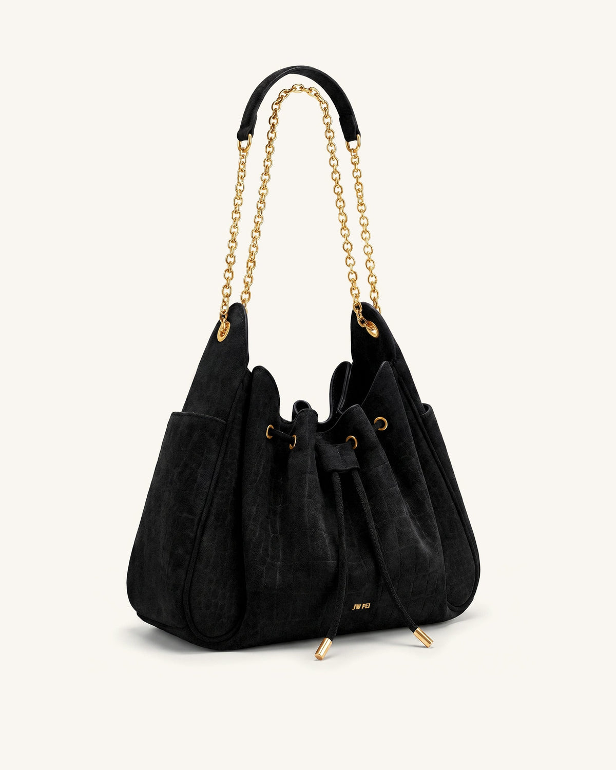 Rowan Faux Suede Drawstring Chain Bucket Bag - Cool Black Croc
