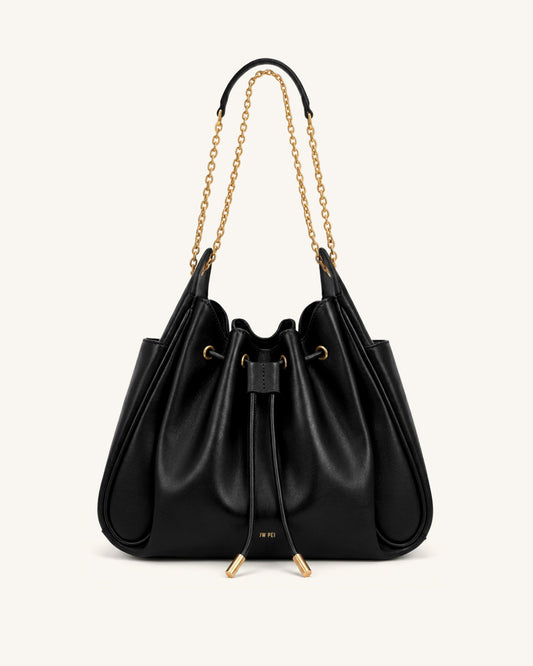 Rowan Ruched Drawstring Chain Bucket Bag - Black