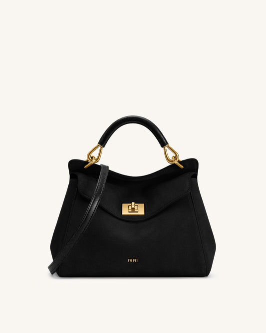 Lucia Classic Faux Suede Top Handle Bag - Black