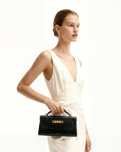 Noor Top Handle Bag - Black Croc