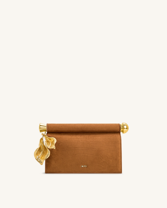 Holly Faux Suede Metal Pendant Embellished Clutch - Brown