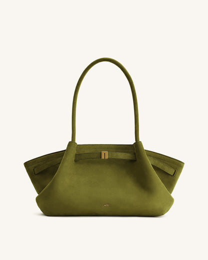 Hana Wide Faux Suede Tote Bag - Olive Green