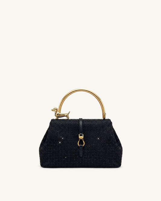 Bruna Artificial Crystal Dachshund Metal Handle Top Handle Bag - Black