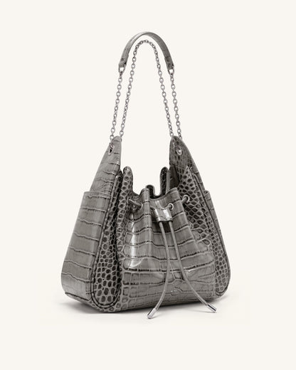 Rowan Ruched Drawstring Chain Bucket Bag - Grey Croc