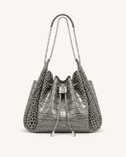 Rowan Ruched Drawstring Chain Bucket Bag - Grey Croc