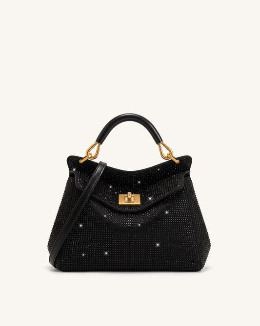 Lucia Classic Artificial Crystal Top Handle Bag - Black