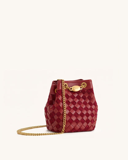 Yara Faux Suede Hand-Woven Bucket Bag - Dark Red
