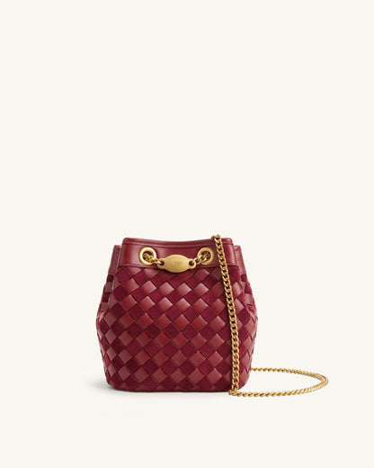 Yara Faux Suede Hand-Woven Bucket Bag - Dark Red