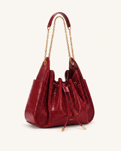 Rowan Ruched Drawstring Chain Bucket Bag - Dark Red Croc