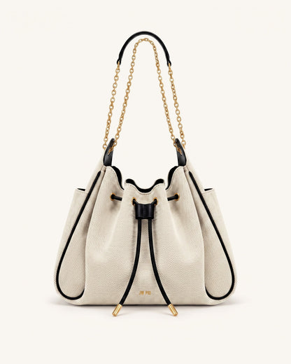 Rowan Ruched Drawstring Chain Bucket Bag - Black Canvas