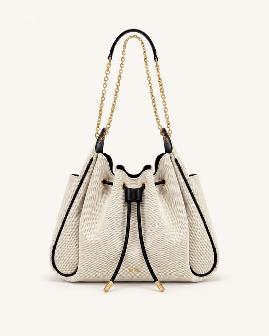 Rowan Ruched Drawstring Chain Bucket Bag - Black Canvas