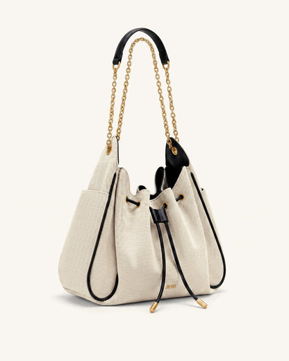 Rowan Ruched Drawstring Chain Bucket Bag - Black Canvas