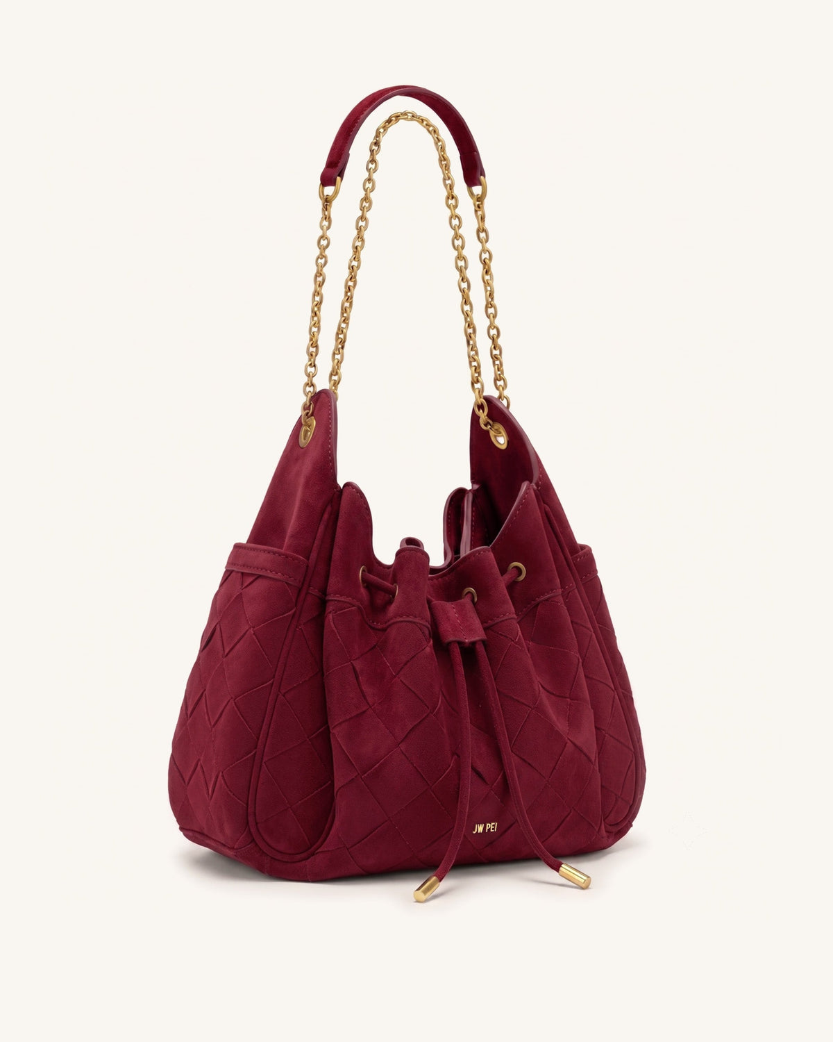 Rowan Faux Suede Weaving Ruched Drawstring Chain Bucket Bag - Dark Cherry