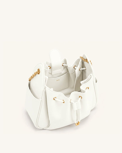 Rowan Ruched Drawstring Chain Bucket Bag - Ivory
