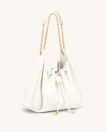 Rowan Ruched Drawstring Chain Bucket Bag - Ivory