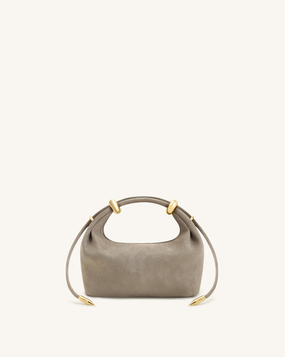 Ellie Faux Suede Metal Ring Embellished Top Handle Bag - Grey