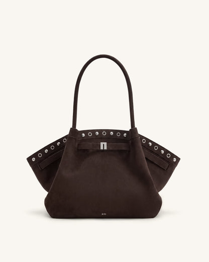 Hana Medium Faux Suede Tote Bag - Dark Chocolate Brown