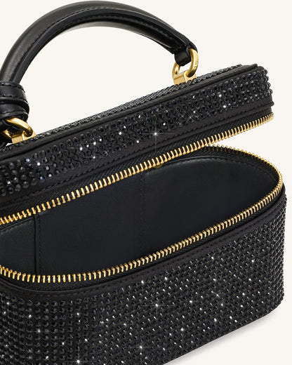 Cleo Artificial Crystal Box Shape Top Handle Bag - Black