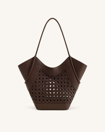 Maribel Woven Panel Tote Bag - Dark Brown