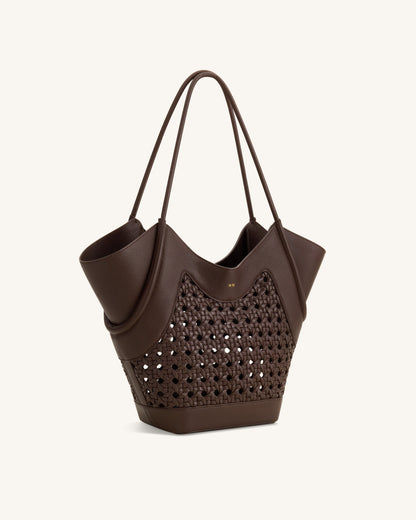 Maribel Woven Panel Tote Bag - Dark Brown