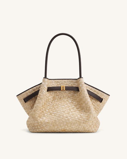 Hana Medium Faux Straw Tote Bag - Brown