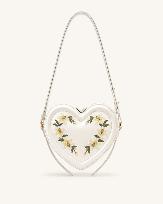 Arlene Embroidered Heart Shape Crossbody Bag - Milky White