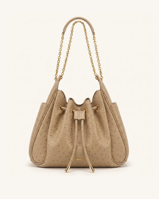 Rowan Faux Ostrich Grain Ruched Drawstring Chain Bucket Bag - Oak Brown