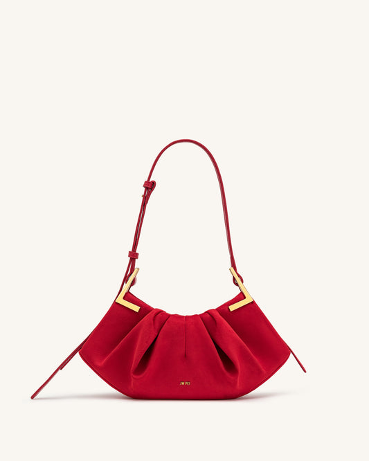 Amelia Faux Suede Pleated Shoulder Bag - Red