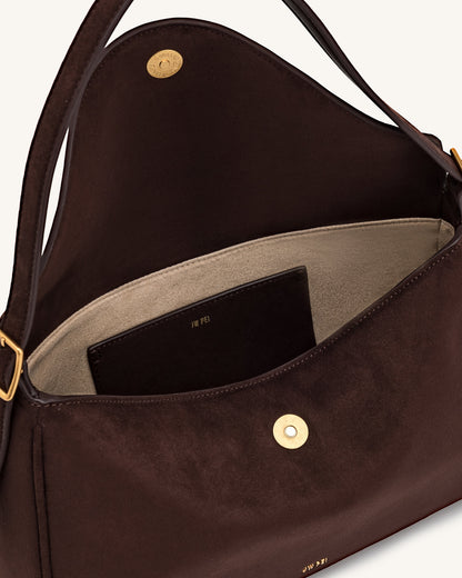 Elowen Faux Suede Flap Shoulder Bag - Dark Brown