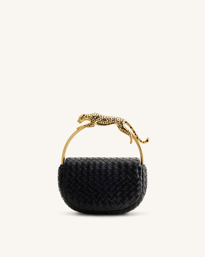 Ione Leopard Shaped Hardware Handle Woven Top Handle Bag - Black