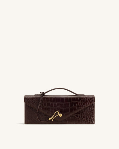 Celeste Envelope Top Handle Bag - Dark Brown Croc