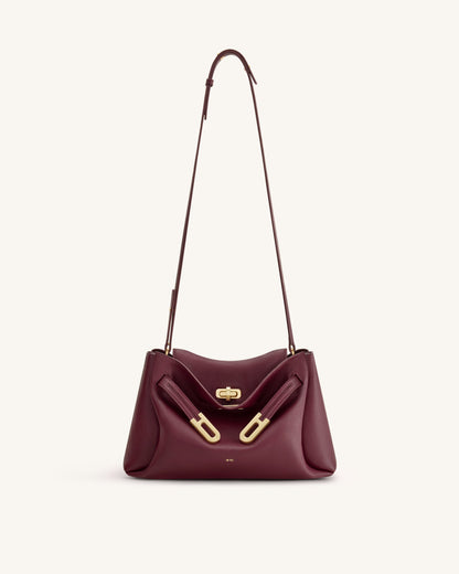 Rhea Pebbled Double Buckle Shoulder Bag - Dark Burgundy