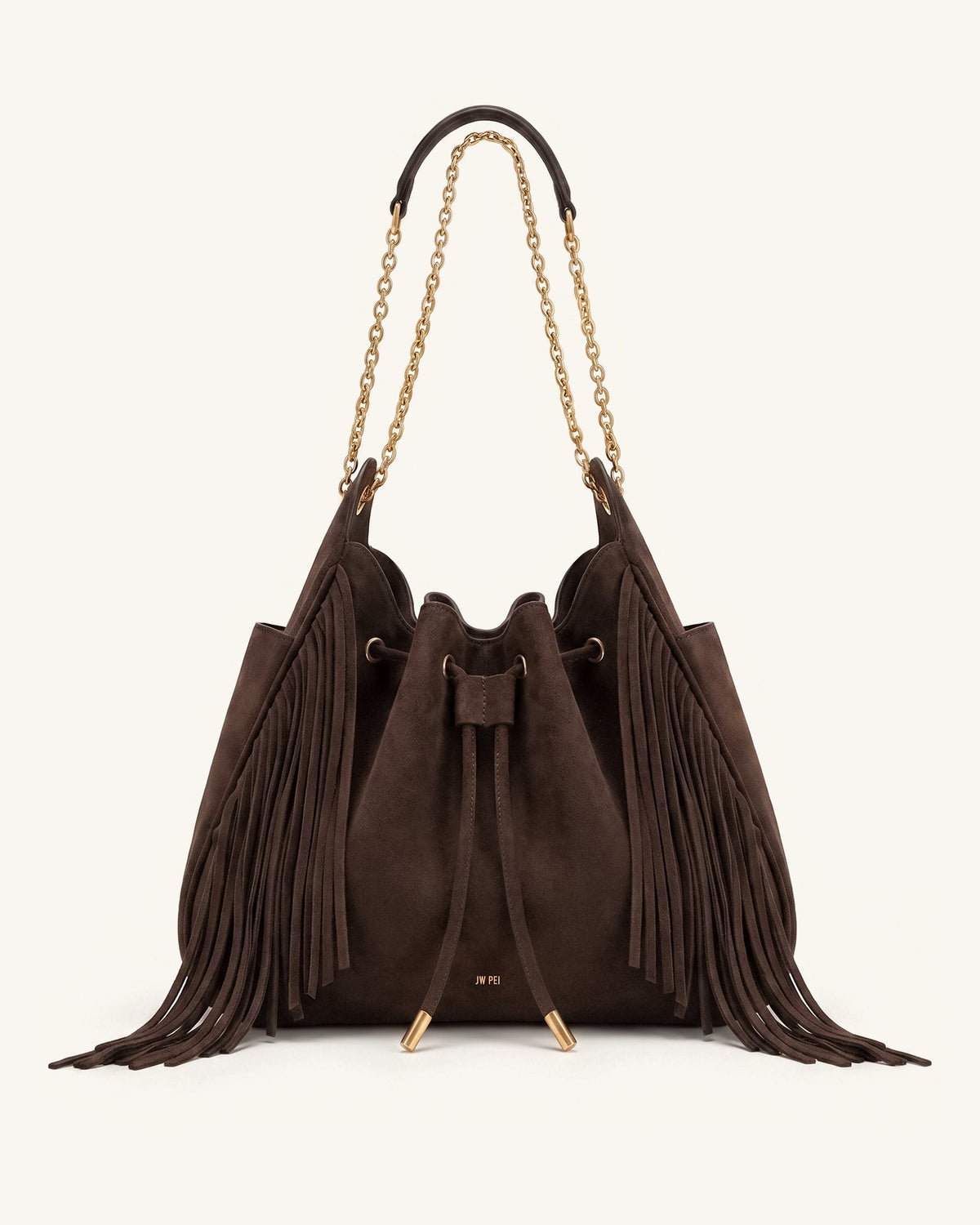 Rowan Faux Suede Tassel Ruched Drawstring Chain Bucket Bag - Amber Brown