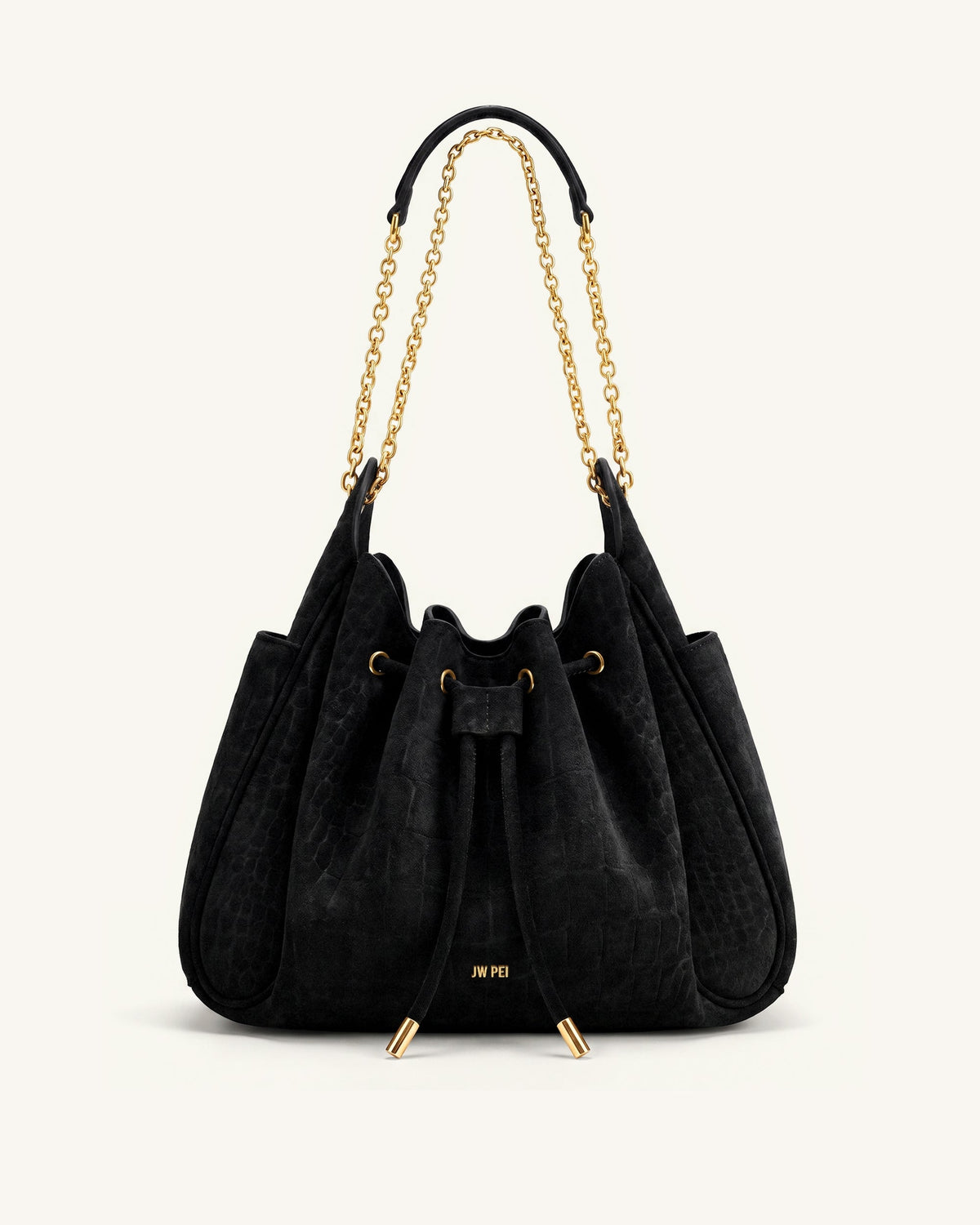 Rowan Faux Suede Drawstring Chain Bucket Bag - Cool Black Croc