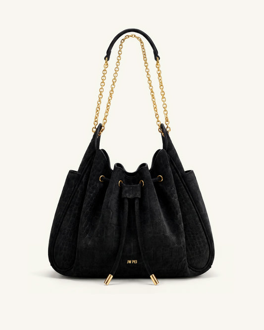 Rowan Faux Suede Drawstring Chain Bucket Bag - Cool Black Croc
