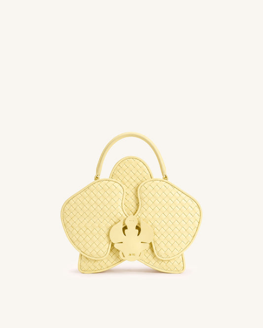 Flora Woven Orchid Shaped Top Handle Bag - Yellow