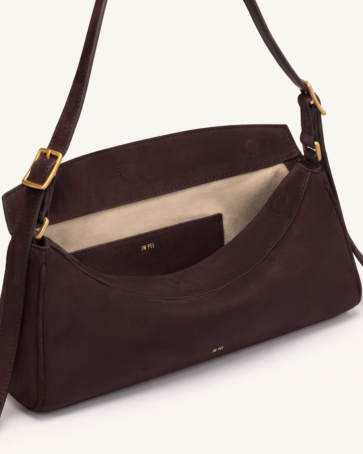 Elowen Faux Suede East-West Shoulder Bag - Dark Brown