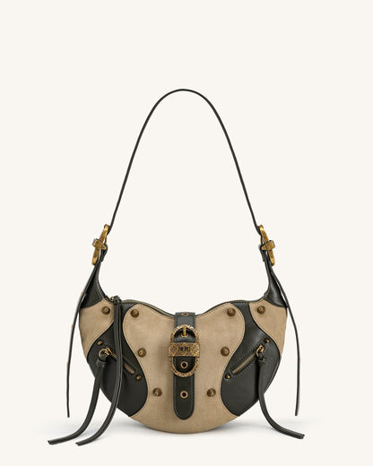 Tessa Faux Suede Studded Shoulder Bag - Khaki Green