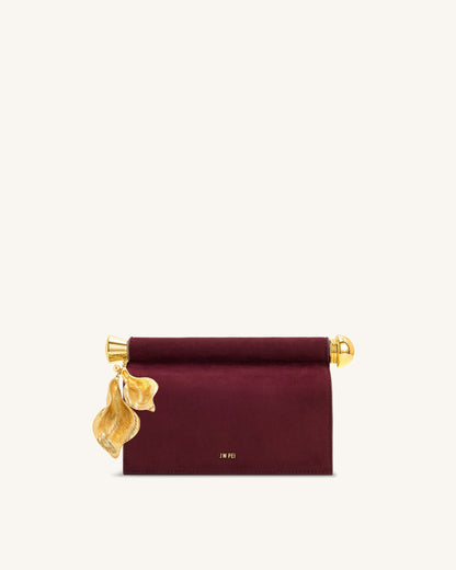 Holly Faux Suede Metal Pendant Embellished Clutch - Reddish Brown