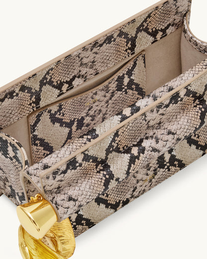 Holly Metal Pendant Embellished Snakeskin Clutch - Apricot