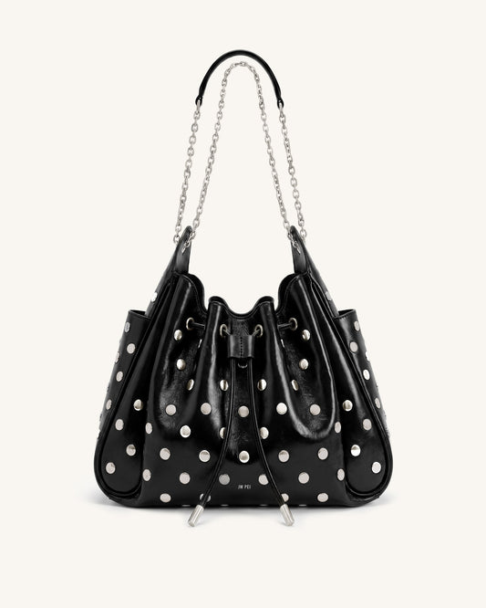 Rowan Studded Ruched Drawstring Chain Bucket Bag - Shiny Black