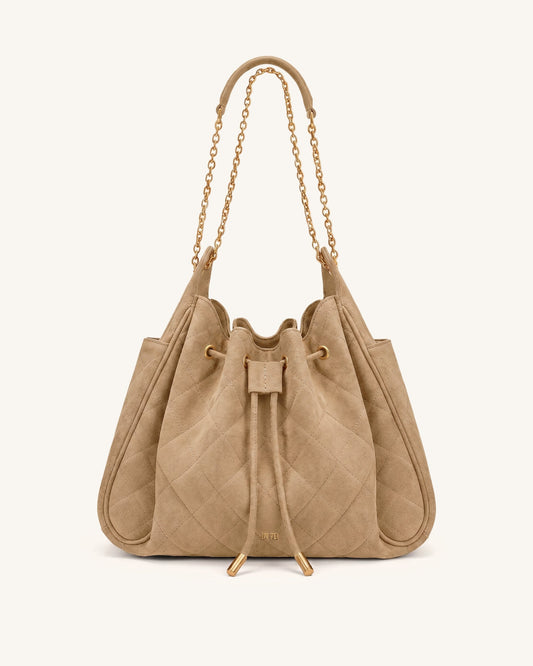 Rowan Faux Suede Quilting Ruched Drawstring Chain Bucket Bag - Coconut Brown