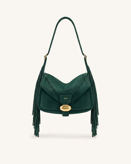 Avery Fringe Faux Suede Shoulder Bag - Emerald Green