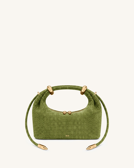 Ellie Faux Suede Metal Ring Embellished Top Handle Bag - Green Croc