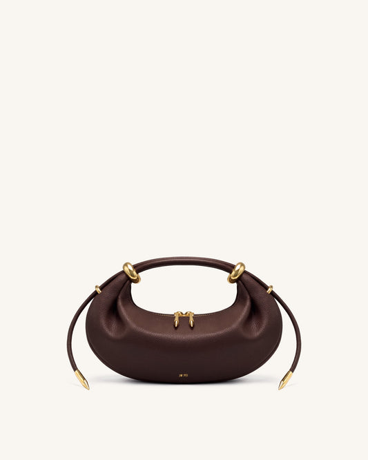 Ellie Metal Ring Embellished Crescent Top Handle Bag - Dark Brown